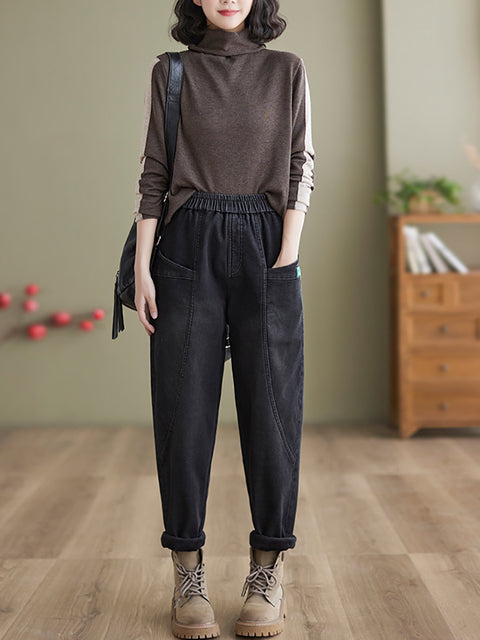 Women Autumn Vintage Solid Fleece-lined Harem Pants