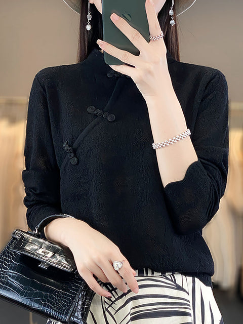 Women Autumn Stand Collar Lace Knit Sweater