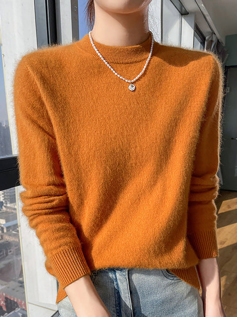 Women Autumn Casual O-Neck Soft 100%Wool Sweater