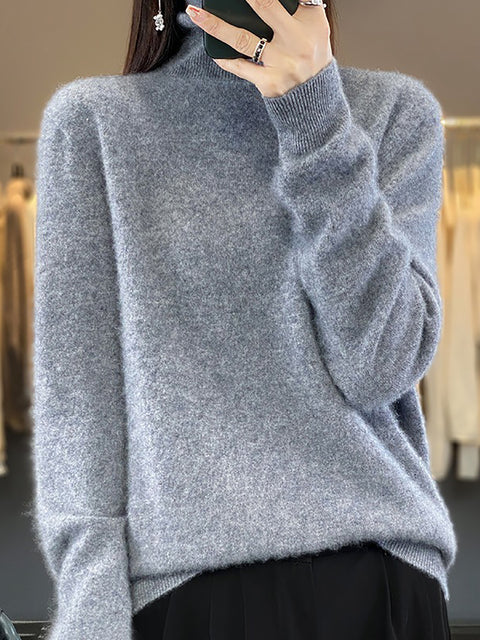 Women Autumn Turtleneck Knit 100%Wool Soft Sweater