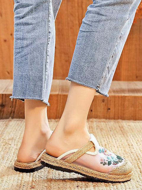 Women Summer Vintage Embroidery Linen Flat Shoes