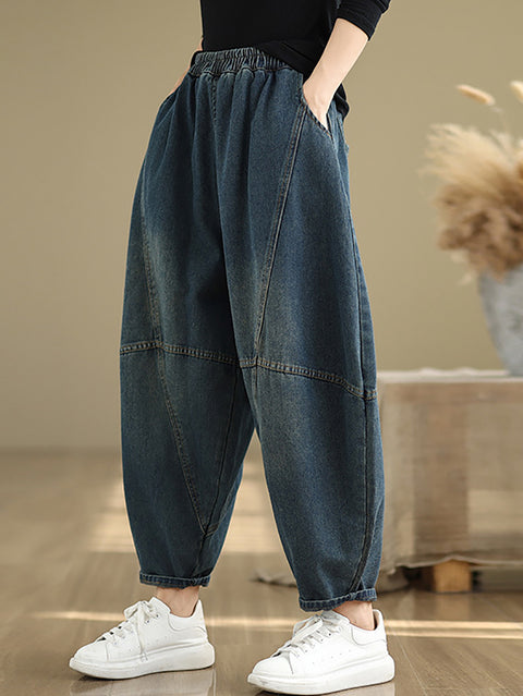 Women Autumn Vintage Denim Spliced Harem Pants