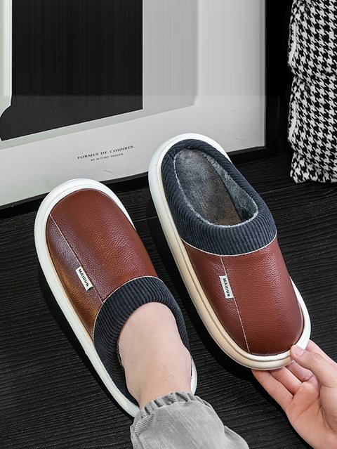 Couple Winter Fleece-lined Leather Slippers