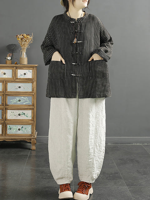 Women Spring Ethnic Stripe Loose Linen Cotton Shirt