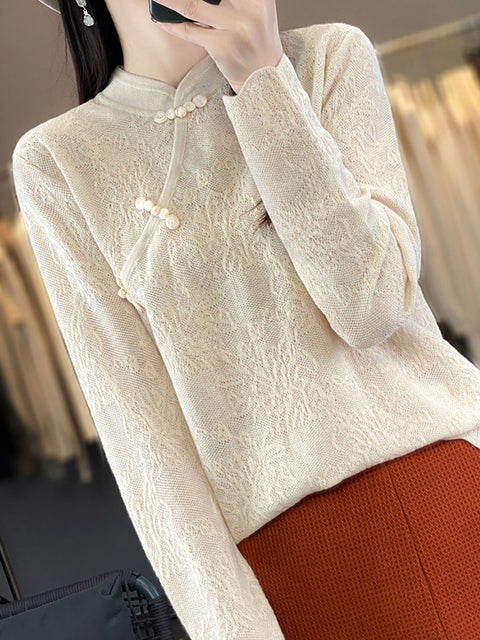 Women Autumn Stand Collar Lace Knit Sweater