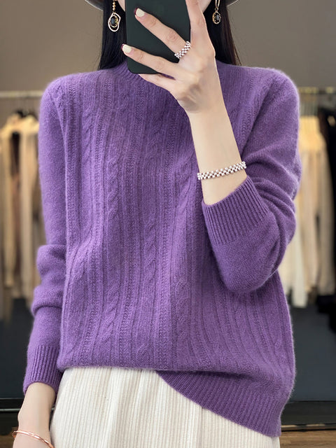 Women Autumn Solid Cable Knit 100%Wool Half Turtleneck Sweater