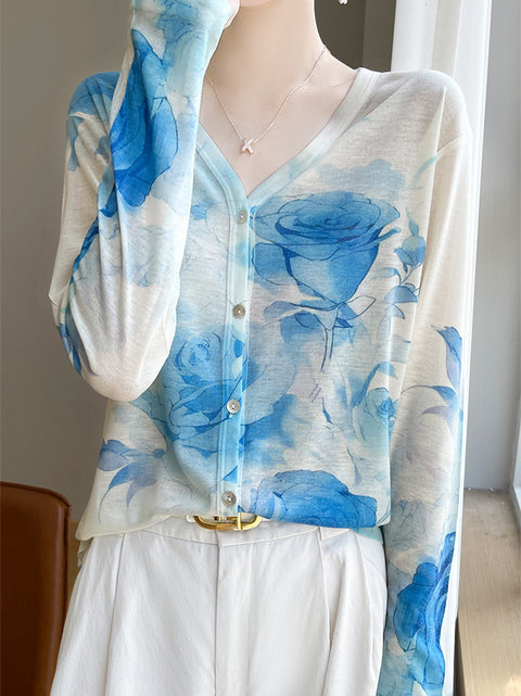 Women Spring Casual Flower V-Neck Shirt