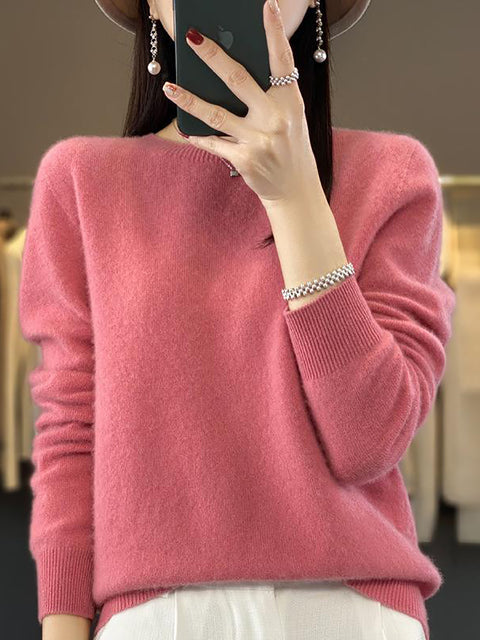 Women Autumn Solid Knit 100%Wool O-Neck Sweater