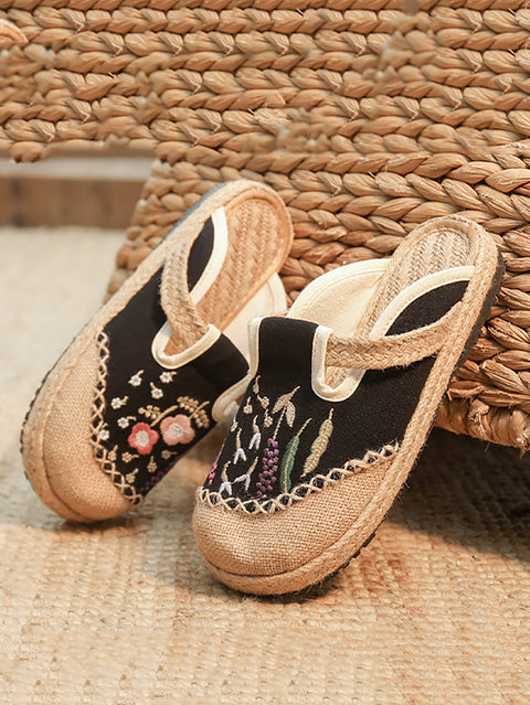 Women Summer Flower Embroidery Linen Slippers