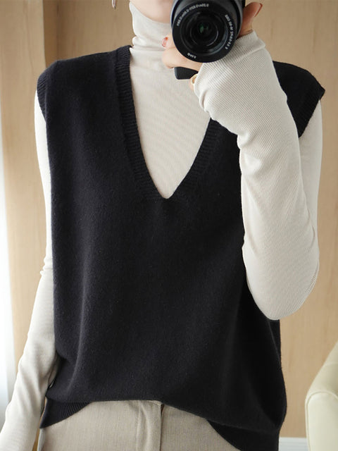 Women Casual Autumn Wool V-Neck Knit Vest