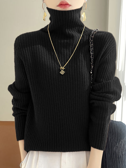 Women Autumn Casual Solid Turtleneck Wool Knit Sweater