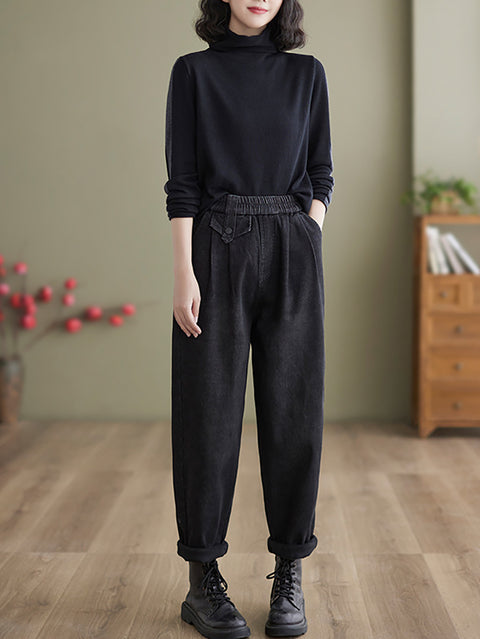 Women Casual Fleece-lined Denim Harem Pants