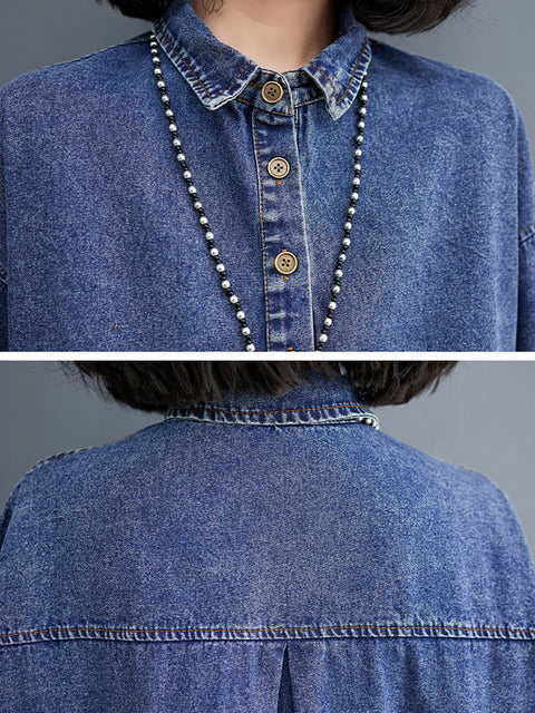 Women Casual Spring Solid Stitching Denim Long Shirt