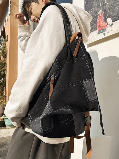 Casual Patch Spliced Denim Backpack