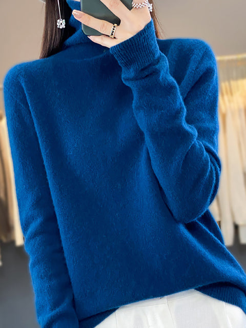 Women Autumn Turtleneck 100%Wool Soft Solid Sweater