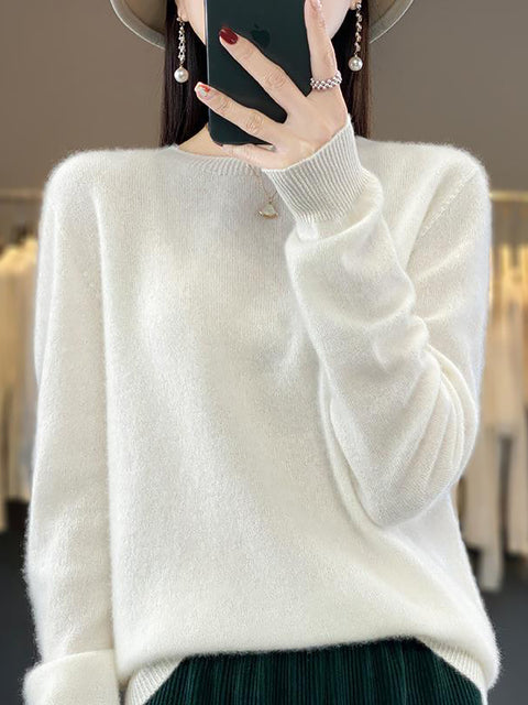 Women Autumn Solid Knit 100%Wool O-Neck Sweater