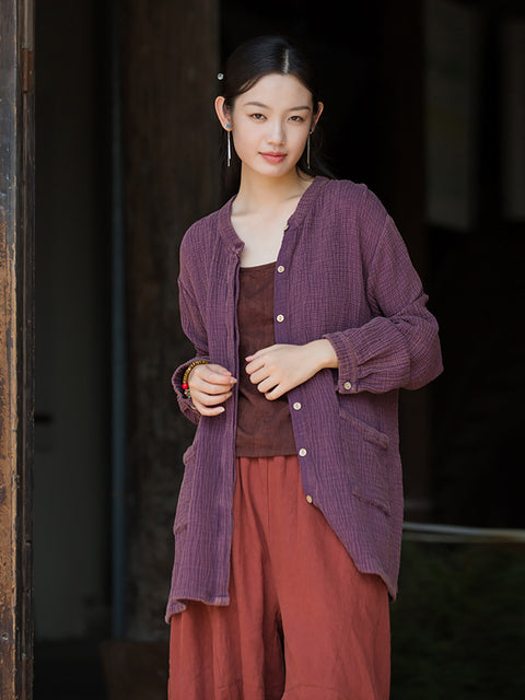 Women Vintage Autumn Solid O-Neck Shirt Coat