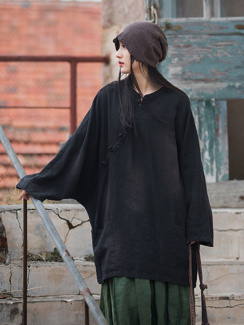 Women Vintage Solid Ramie Slant-Closure Long Shirt