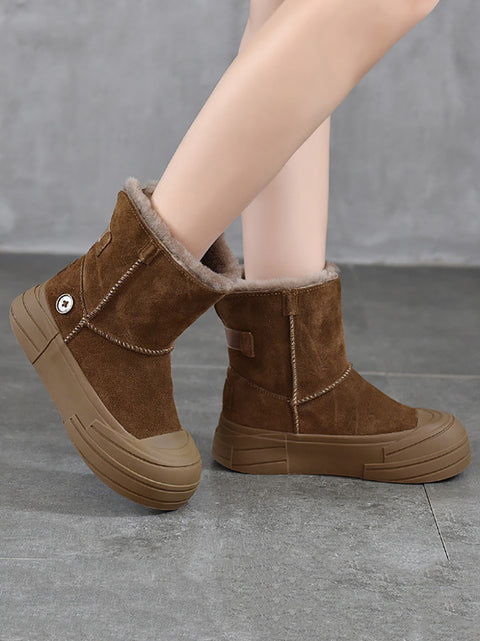 Women Winter Leather Spliced Fleece-lined Mid-Heel Snow Boots