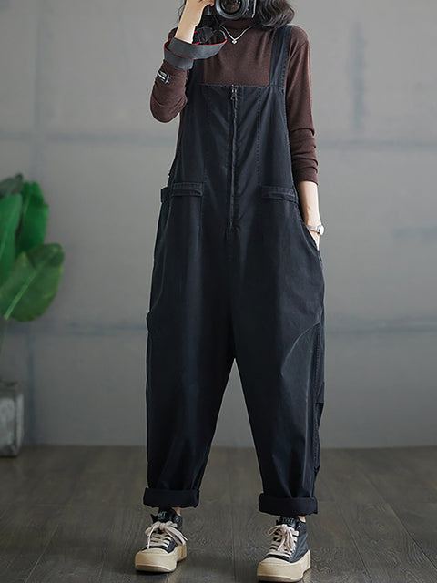 Women Autumn Vintage Zipper Casual Loose Solid Jumpsuits