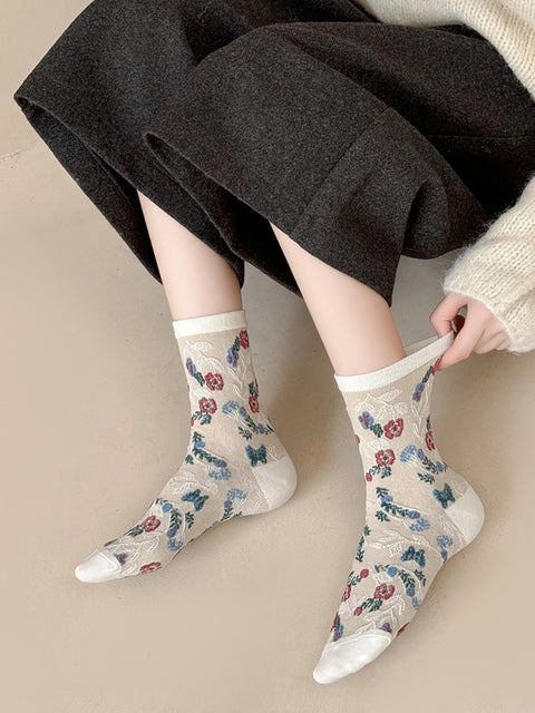 5 Pairs Women Artsy Floral Colorblock Jacquard Socks