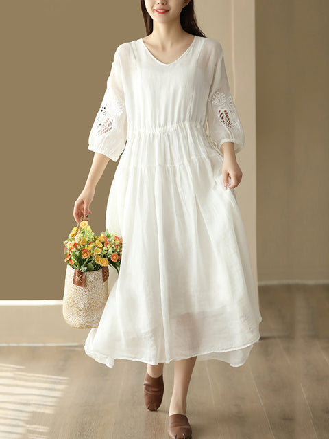 Women Vintage Embroidery Solid Stitching Ramie Dress