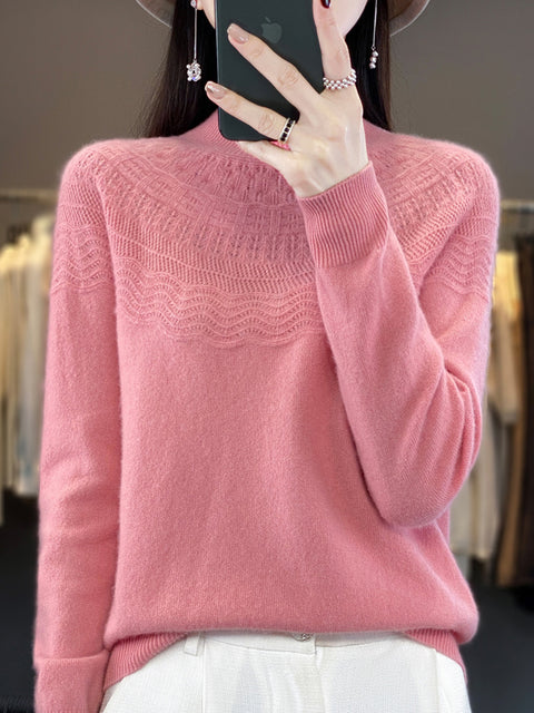 Women Autumn Cable Knit 100%Wool Half Turtleneck Sweater