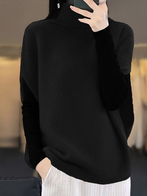 Women Autumn Solid Turtleneck 100%Wool Knit Loose Vest