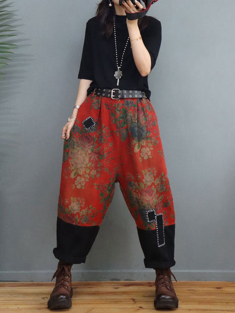 Plus Size Women Ethnic Floral Spliced Stitching Suits