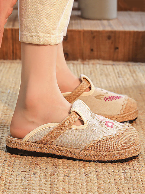 Women Summer Flower Embroidery Linen Slippers