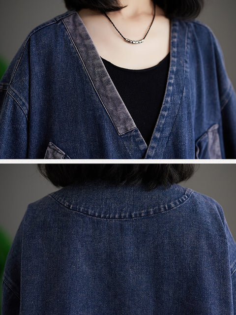 Women Retro Spring Spliced Big Pocket Denim Coat