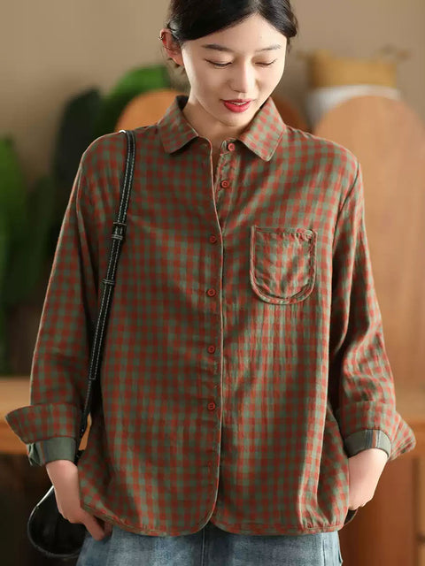 Women Spring 100%Cotton Plaid Turn-down Collar Shirt