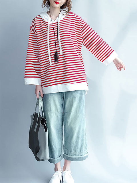 Plus Size Women Spring Casual Stripe Hooded Red Shirt