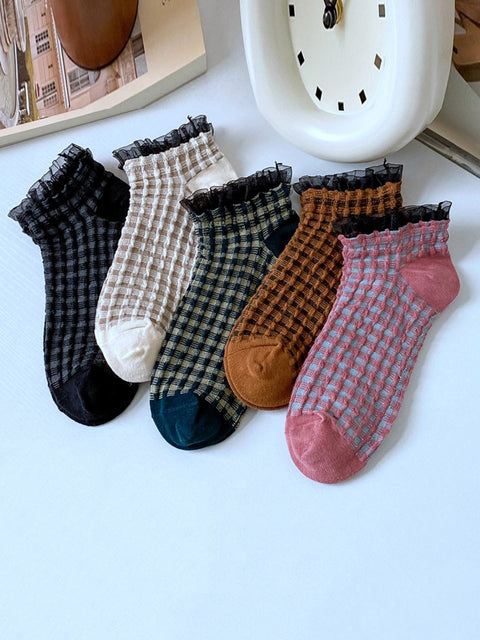 5 Pairs Women Vintage Solid Lattice Lace Socks