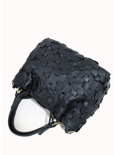 Women Fashion Genuine Leather Plaid Spliced Handbag