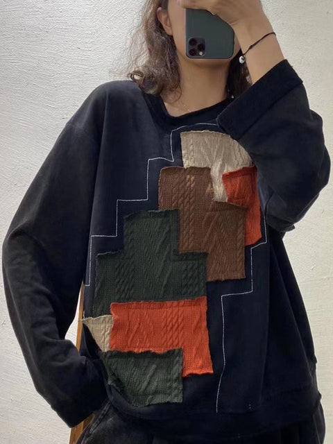 Plus Size Autumn Women Vintage Patchwork Loose Sweatshirt