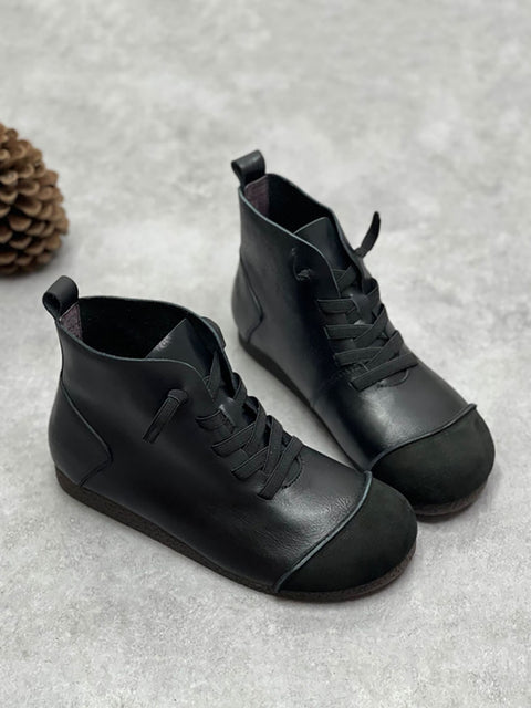 Women Winter Vintage Leather Drawstring Splicing Ankle Boots