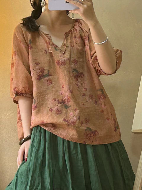 Women Vintage Flower V-neck Drawstring Ramie Shirt