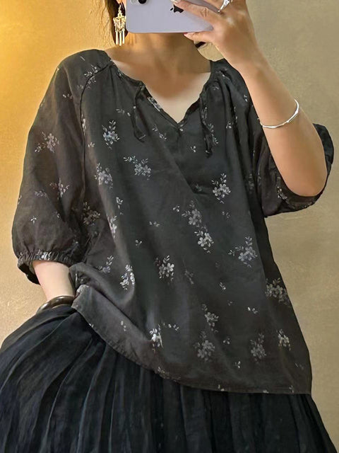 Women Vintage Flower V-neck Drawstring Ramie Shirt