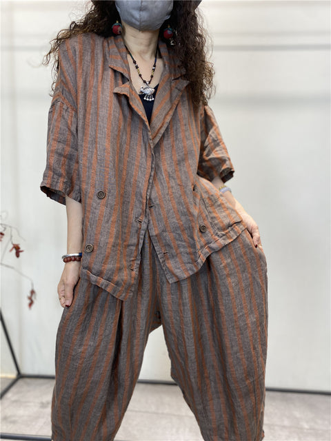 Plus Size Women Summer Retro Stripe Button Loose Linen Suits