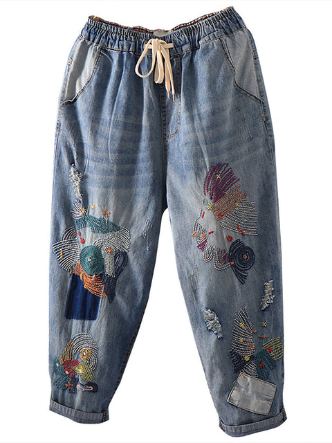 Women Summer Vintage Stitching Pocket Denim Harem Pants