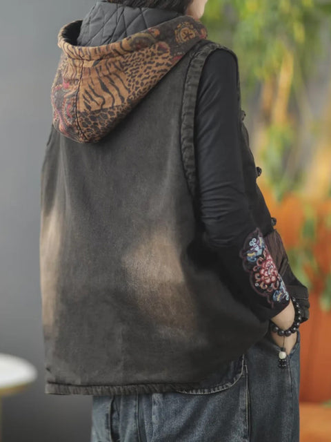 Women Autumn Retro Spliced Corduroy Hooded Vest Coat