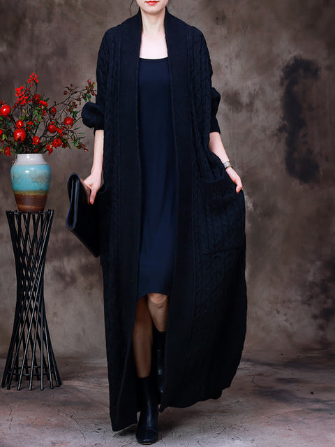 Women Winter Solid Vintage Knitted Maxi Coat