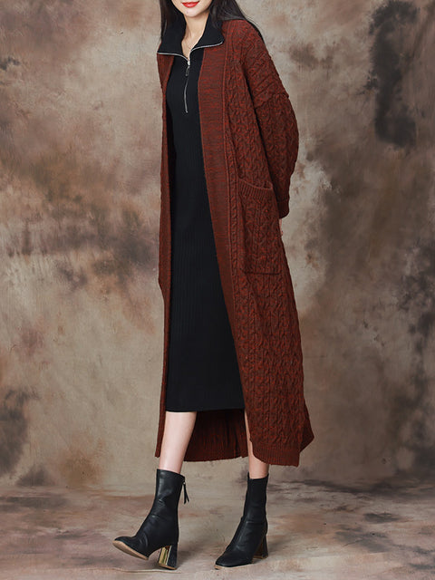 Women Winter Solid Vintage Knitted Maxi Coat