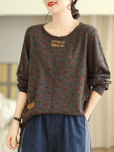 Women Vintage Floral Winter Spliced O-Neck Sweater