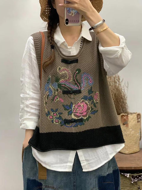 Women Retro Flower Print Colorblock Vest