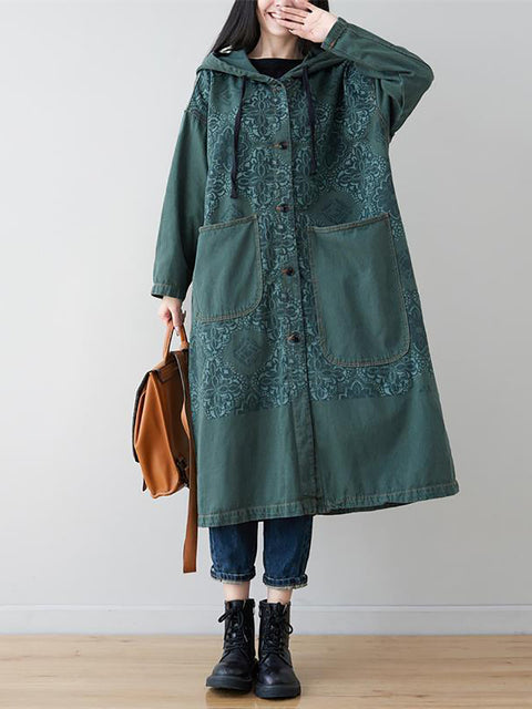 Women Artsy Flower Spliced Long Denim Hooded Coat