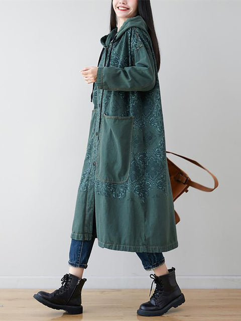 Women Artsy Flower Spliced Long Denim Hooded Coat