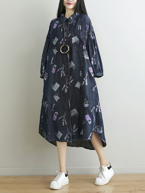 Women Spring Flower Print Loose Denim Dress