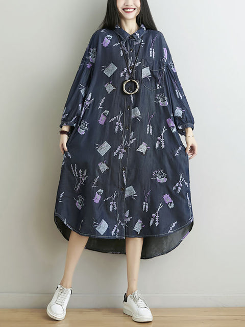 Women Spring Flower Print Loose Denim Dress